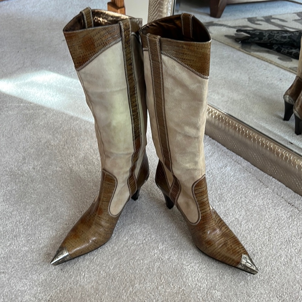 Gorgeous suede and leather boot with metal heel and toe detail